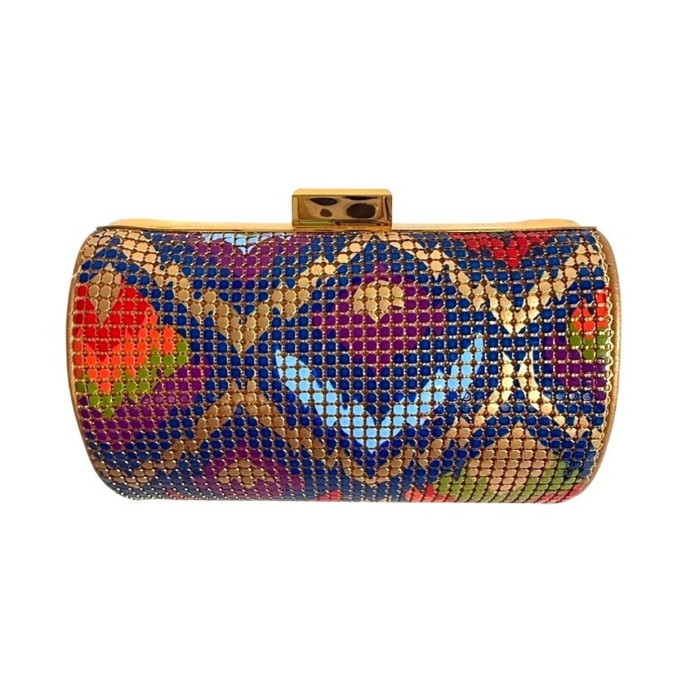 New Whiting & Davis Multicolor Snake Pattern Metal Mesh Barrel Clutch
